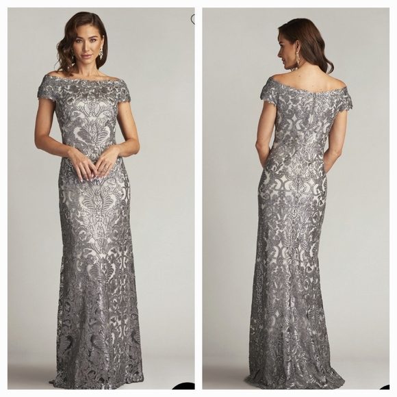 Elegant Gray Lace Off-Shoulder Dress - Picture 1 of 2